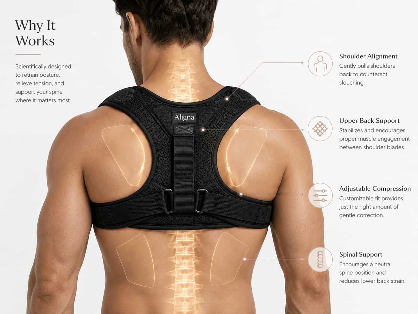 Exploded product view of the Aligna posture corrector construction